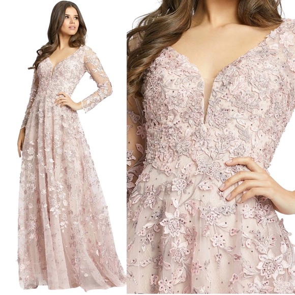 Mac Duggal 70224 Floral Embroidered Long Sleeve Illusion Gown Rose Pink Size 12